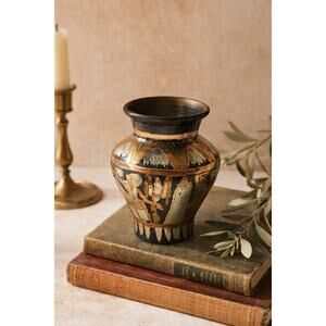 Vintage Egyptian Revival Engraved Brass Copper Bud Vase | Global Boho Decor